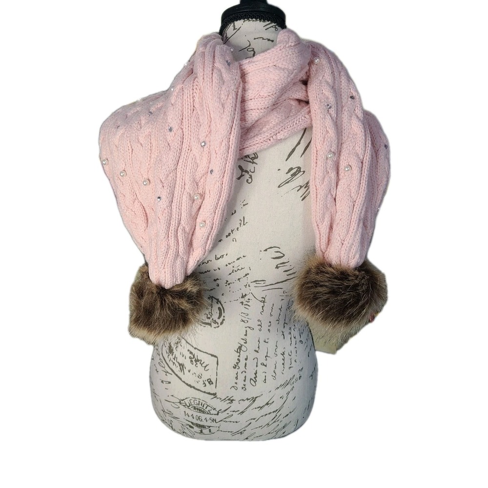 Guess Pink Cable Knit Scarf Faux Fur Pom Poms Pearl Rhinestone Embellished‎ - Picture 2 of 7